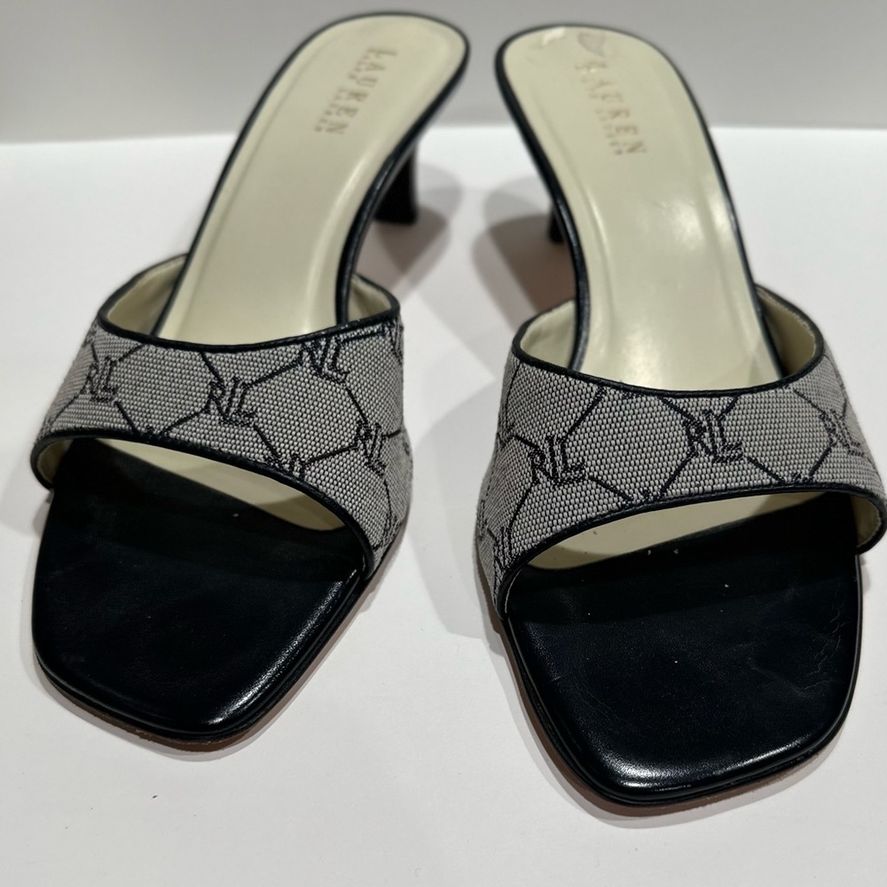 Ralph Lauren Etta navy blue canvas kitten heel sandals